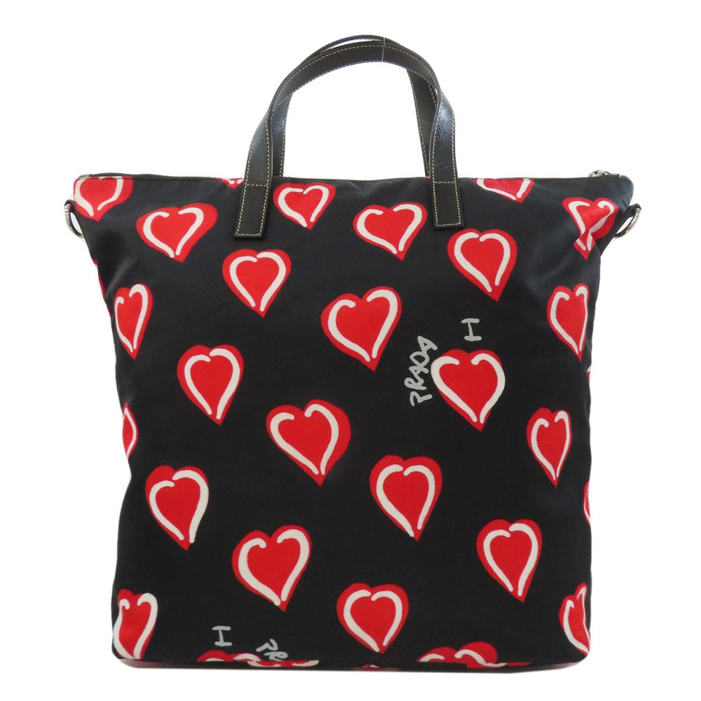 Prada 2way Tote Heart Black Motif Bag Red Black Red